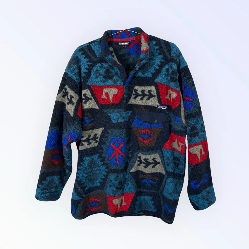 PATAGONIA SYNCHILLA AZTEC AOP BLUE MULTI‎ T-SNAP SWEATER FLEECE MENS XXL